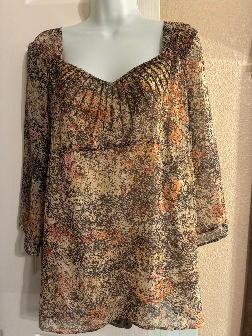 Calvin Klein Sheer Peasant Blouse in Black, Cream & Orange Speckle